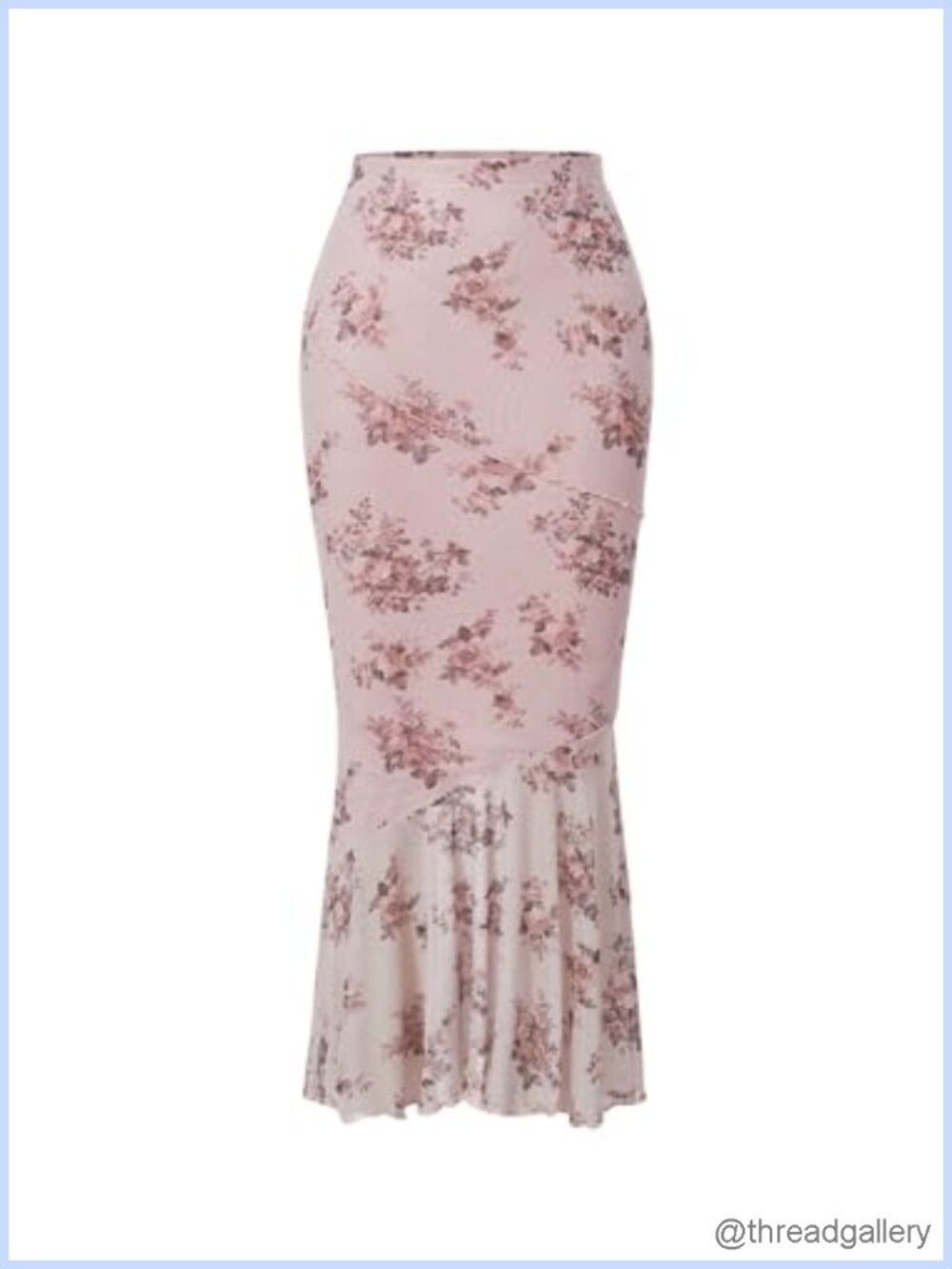 Floral Mesh Ruffle Hem Fishtail High Waisted Maxi Long Skirt